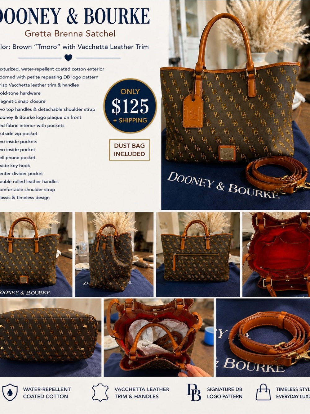 Dooney & Bourke Brown Satchel with Tan Leather Trim
